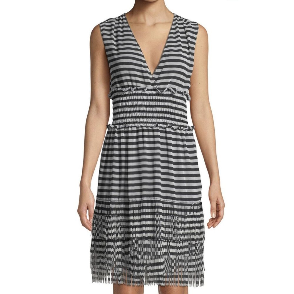 NWT Womens Max Studio Sleeveless Blk/Wht Striped Fringe-Trimmed Dress Sz Medium